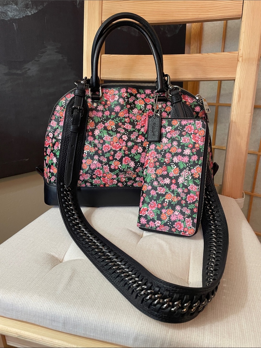 Coach Sierra Posey Cluster Floral Satchel, Wallet & Black Chain Detail Strap
